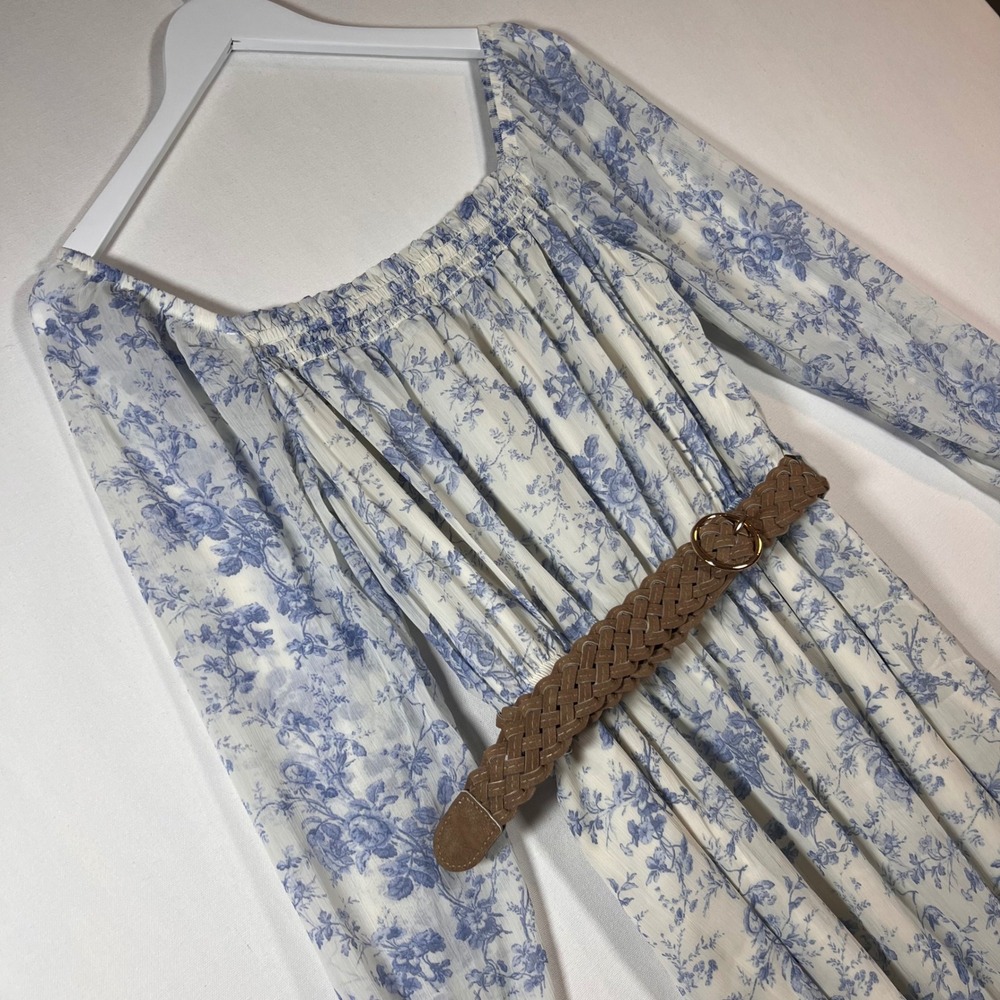 WallFlower Floral Mini Dress Womens Small Blue Toile Chiffon Cottagecore Belted